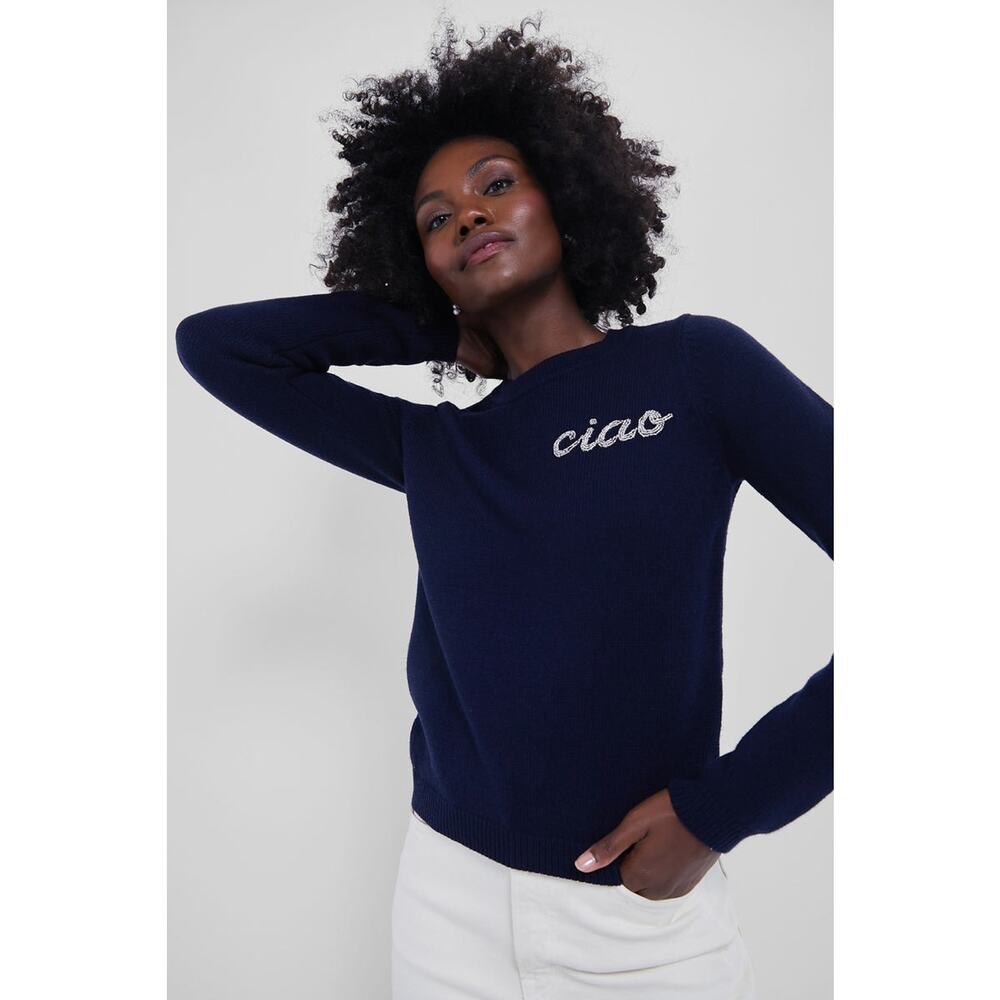 HYACINTH HOUSE Navy Crewneck Ciao Beaded Sweater Size L NWT